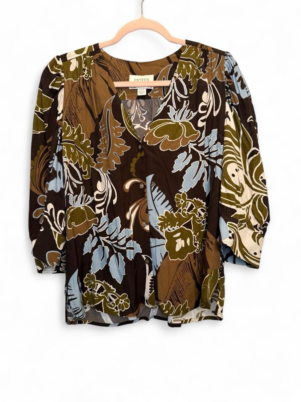 Fifteen Twenty Abstract Floral V-Neck Button Front Blouse Medium